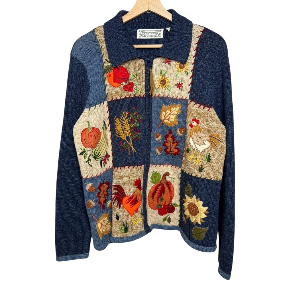 Embroidered Patchwork Fall Harvest Novelty Sweater Navy L Full Zip Granny Farm